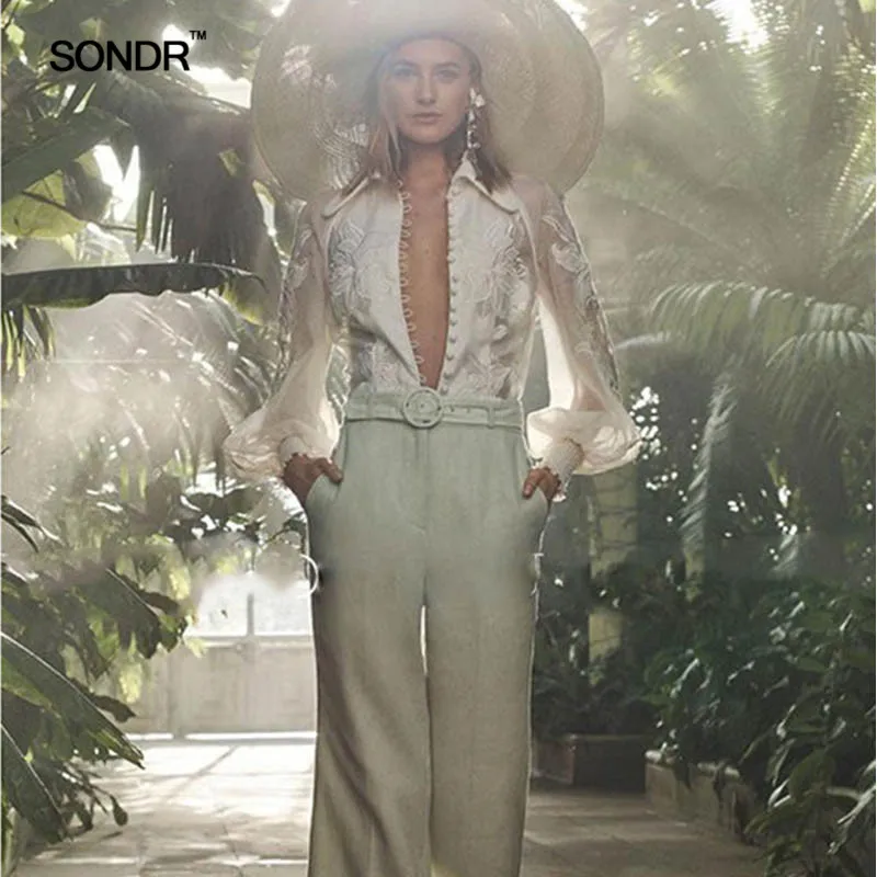 

SONDR Embroidery Patchwork Lapel Long bubble Sleeve Transparent Female Casual Fashion Lace Shirt 2019 Spring leisure New