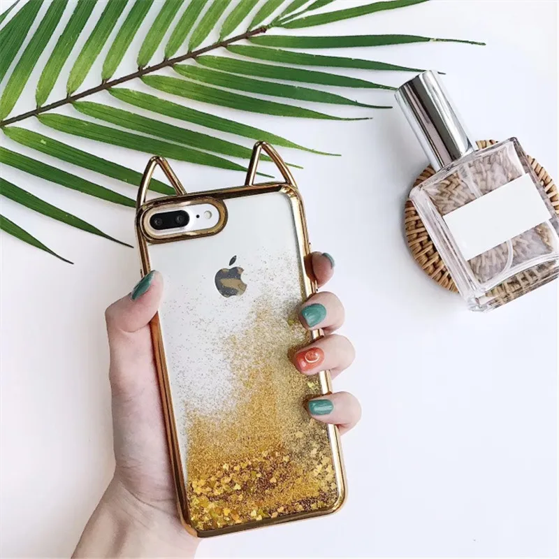 LAN чехол для iPhone 6S милый кошачьи ушки Блестящий песок Мягкий Жидкий 6 Plus 7 8 X Чехол