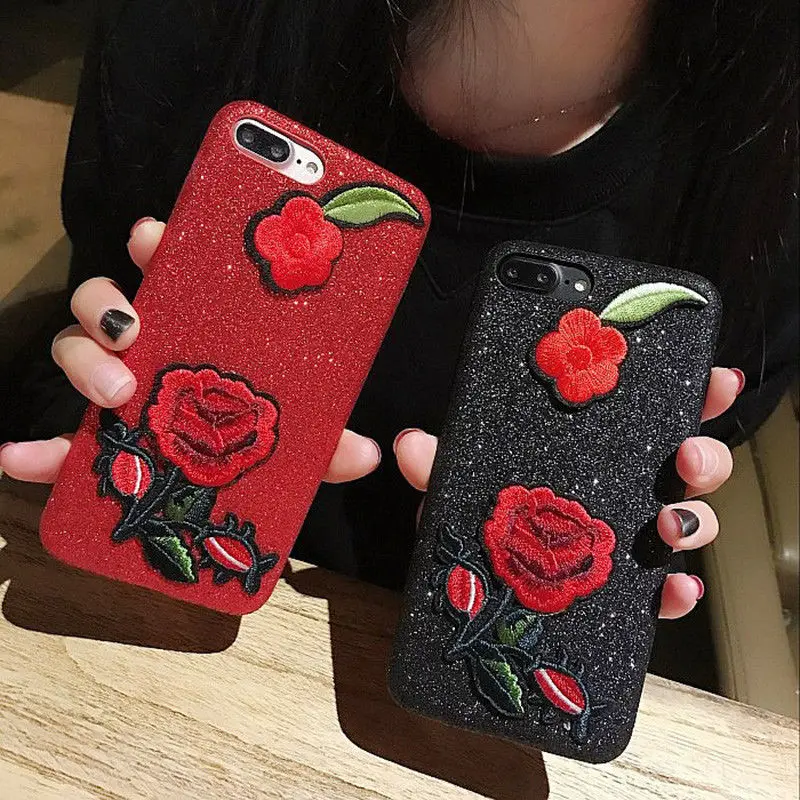 Вышивка розы чехол для iPhone 7 8 6 S плюс ручной работы 360 градусов роза с сияющими