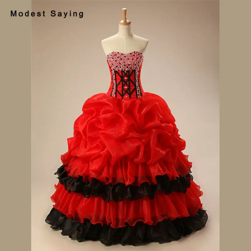 

Роскошное красно-черное бальное платье, милое платье Quinceanera 2017 с оборками, юбка для рождества, выпускного вечера, милые платья 16