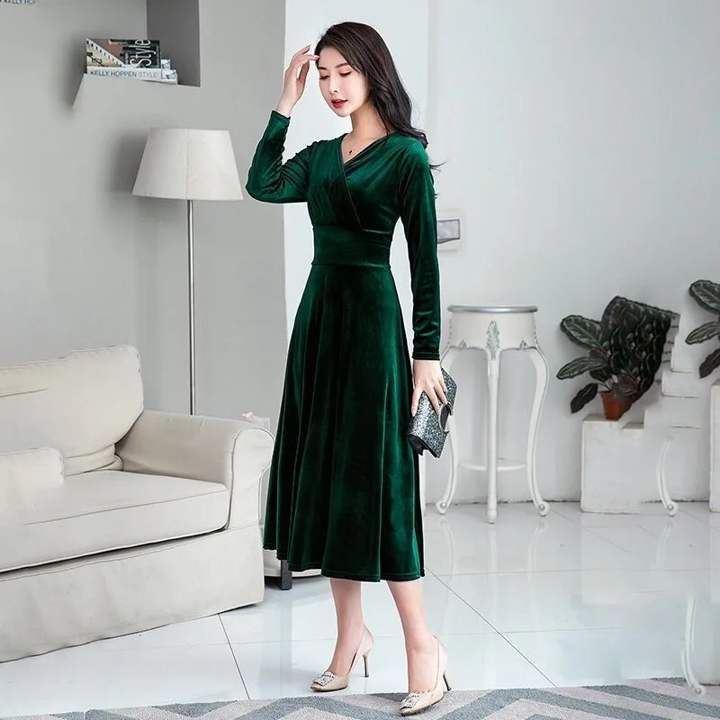 Fashion Women V-Neck Long Sleeve Velvet Dress Hot Sale Solid Colors Loose Straight Slim Waist Ladies Bodycon | Женская одежда