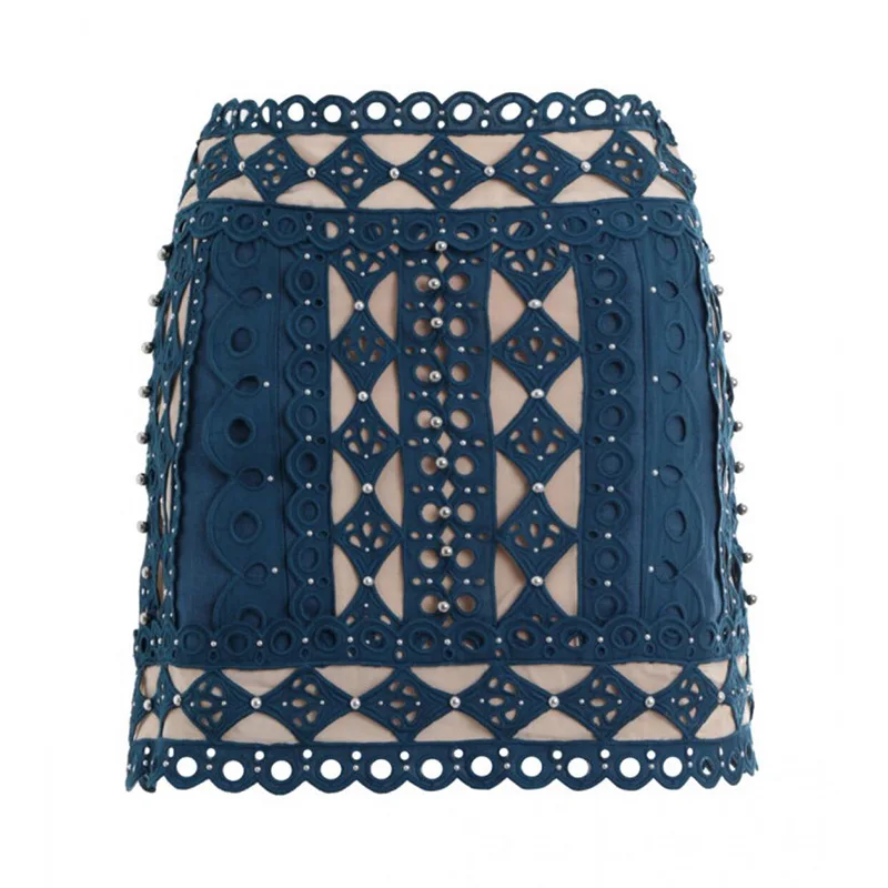 New Summer Women Blue White Beading Skirts Short Mesh Hollow Out Patchwork Clubwear Causal Fashion Party Night Wholesale