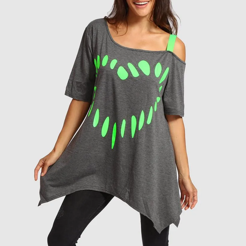 

Feitong Women Blouse Large Size Love Printing Shirt Short Sleeve One Shoulder Casual Loose Shirt Tops Blouse Summer