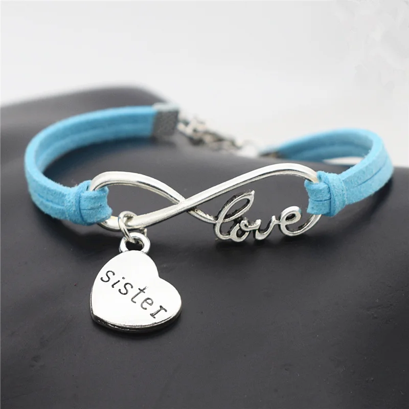 Sky blue Sister Модные милые тибетские серебряные браслеты ручной работы для мамы и дочери с сердечками, семейный Рождественский подарок, кожаные браслеты с надписью Love Infinity - Окраска металла: Sky blue Sister