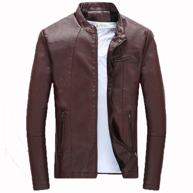 

Covrlge Men's Faux Leather Jackets 2019 Spring Autumn Casual Stand Collar PU Leather Zipper Jacket Solid Color Men Coat