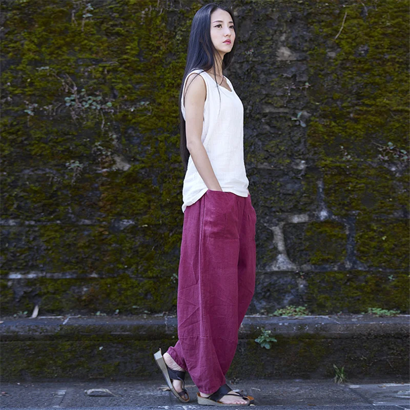 Женские офисные брюки pantalones mujer весенне летние свободные из хлопка и льна