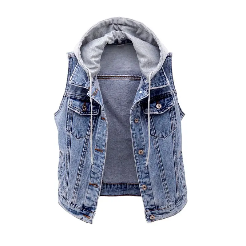 

Large size 5XL Women Short Denim Vest Detachable Hooded Coat Spring Autumn Slim Side pockets Sleeveless Jeans Jacket Casual Tops