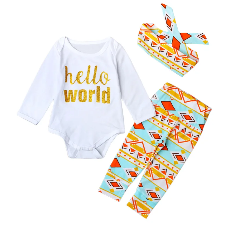 Симпатичная Одежда для маленьких девочек комплект Hello World хлопковый комбинезон +