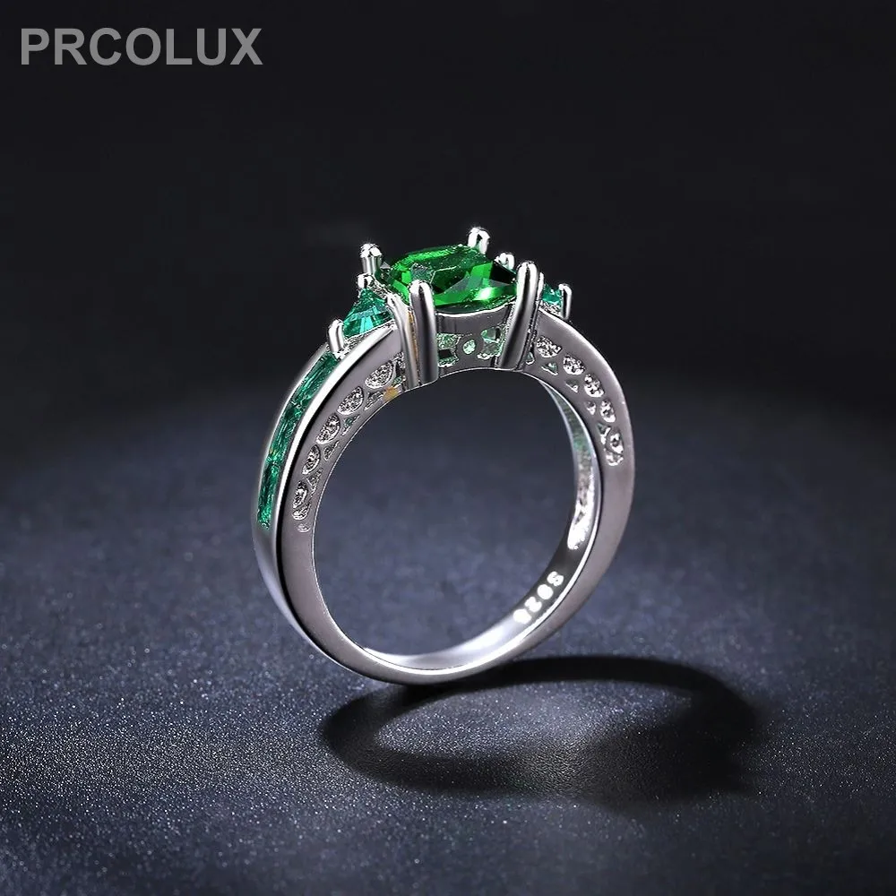 PRCOLUX Модные женские Принцесса Cut кольцо посеребренные зеленый CZ свадебные