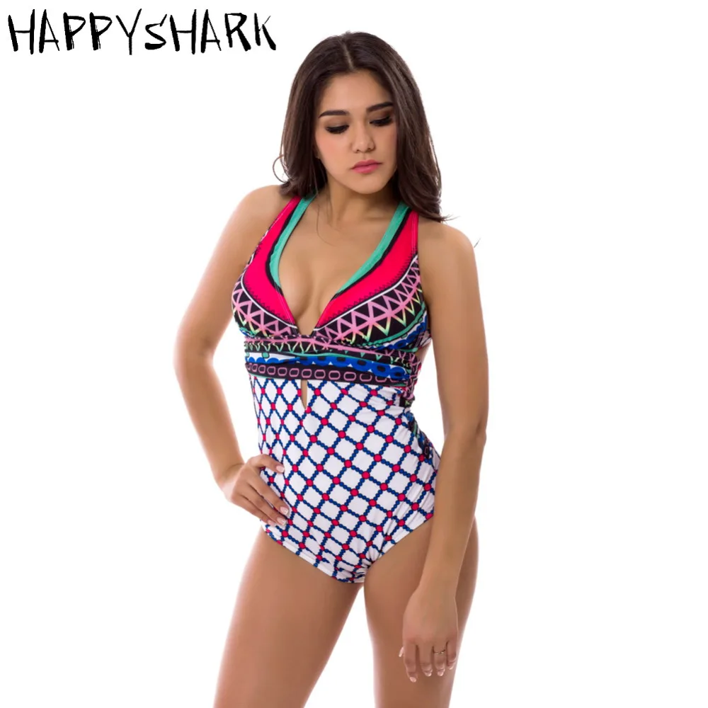 

HAPPY SHARK 2018 New Women's Deep V Sexy Swimsuits Vintage Geometric Printed One Piece Swimwear Monokini Female Swimsuit