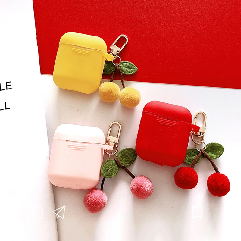 

Fashion Cherry Silicone Case for APPLE Airpods Case Accessories Bluetooth Wireless Earphone Charging Box Bag Headset Key Ring