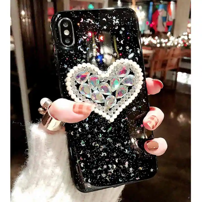 Crystal Rhinestone Heart Phone Case for iPhone XS Max XR X Fashion Designer For iphone 7 8 6s 6 + Bling Star Silicone Soft | Мобильные