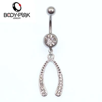 body punk high quality 316l stainess steel dangle lucky bone crystal cz navel bell button rings body piercing navel body jewelry