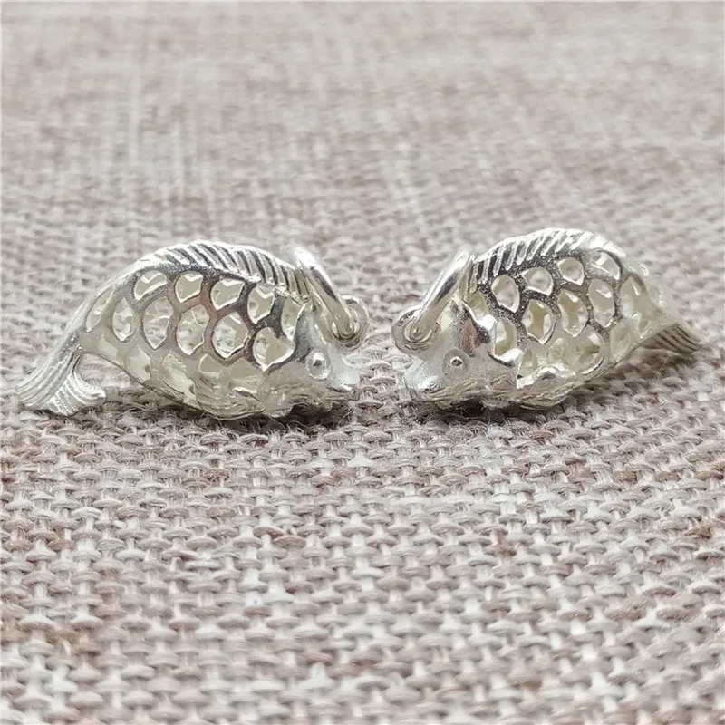 Серебро 925 пробы блестящие Полые Подвески в виде рыб 3D для ожерелья Браслет|Шармы|