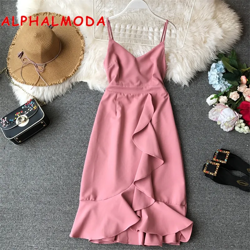 Женское облегающее платье ALPHALMODA на бретельках асимметричная гофрированная