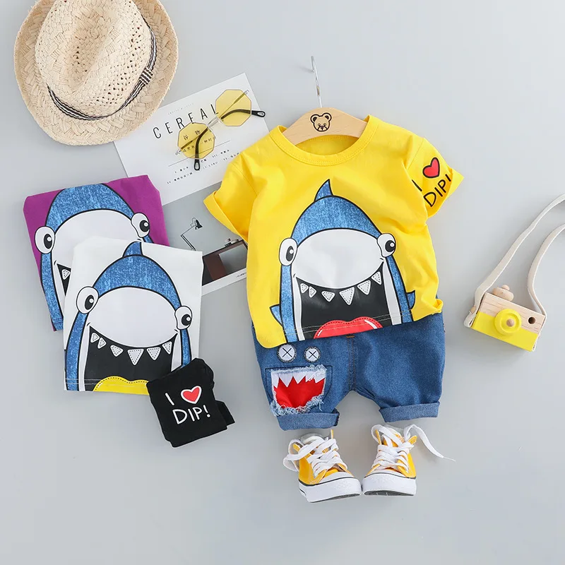 

Boutique boys shorts sleeve and jeans shorts shark clothing set wholesale kids outfits 2019