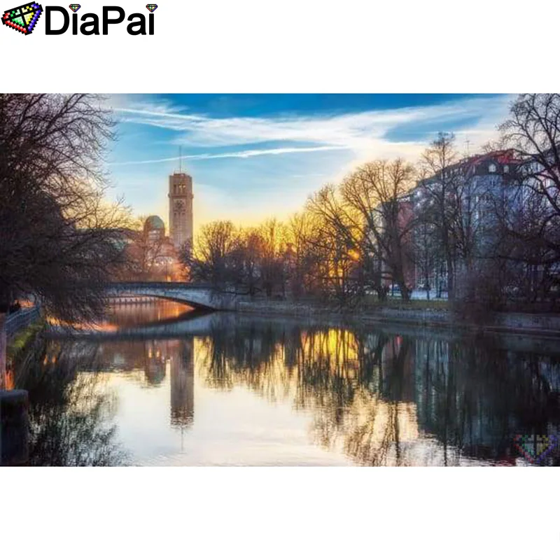

DIAPAI Diamond Painting 5D DIY 100% Full Square/Round Drill "Bridge Tower Lake" Diamond Embroidery Cross Stitch 3D Decor A24348