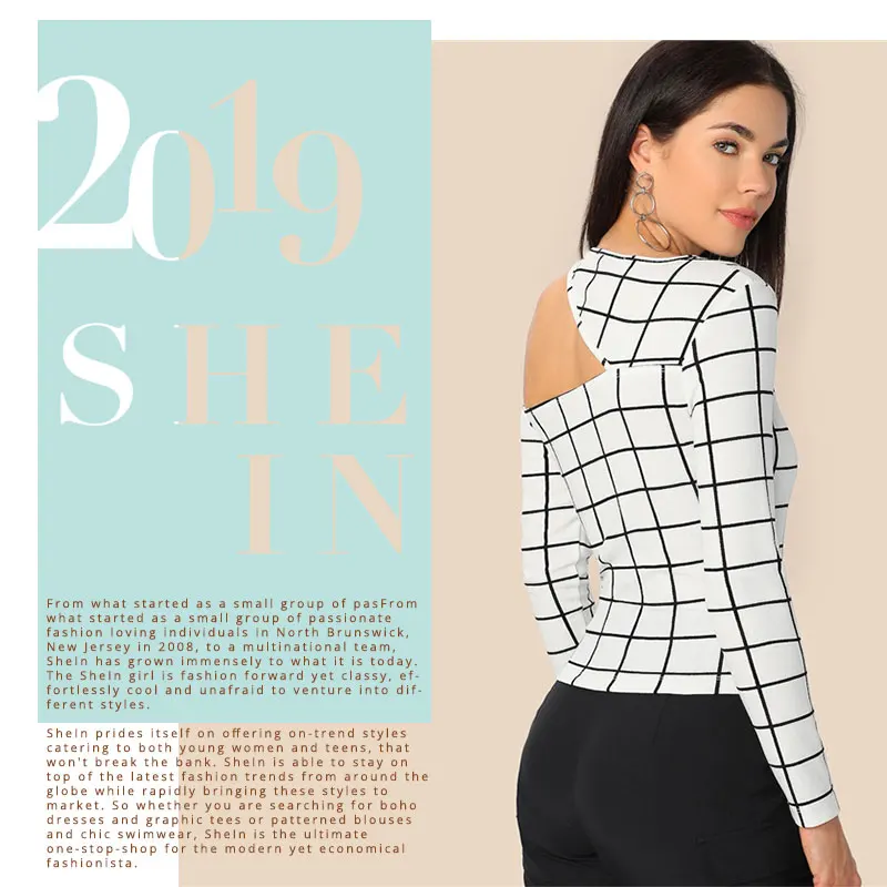 SHEIN Асимметричный Приталенный Топ С Вырезом Сексуальная Клетчатая Футболка С Круглым Вырезом