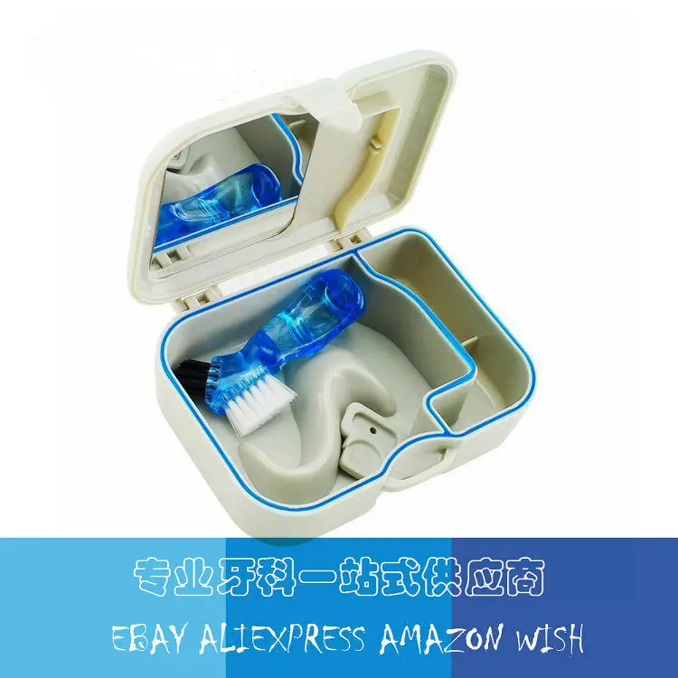 

Dental Storage box Denture False Teeth Storage Box Case With Mirror and Clean Brush Dental Appliance 1set