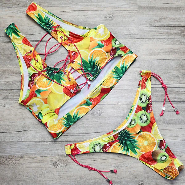 FRUIT BIKINI Сексуальный комплект бразильского бикини с принтом на шнуровке, с высоким вырезом, микро, купальный костюм, женская одежда для плавания, пляжная одежда для купания, купальный костюм - Цвет: FRUIT BIKINI
