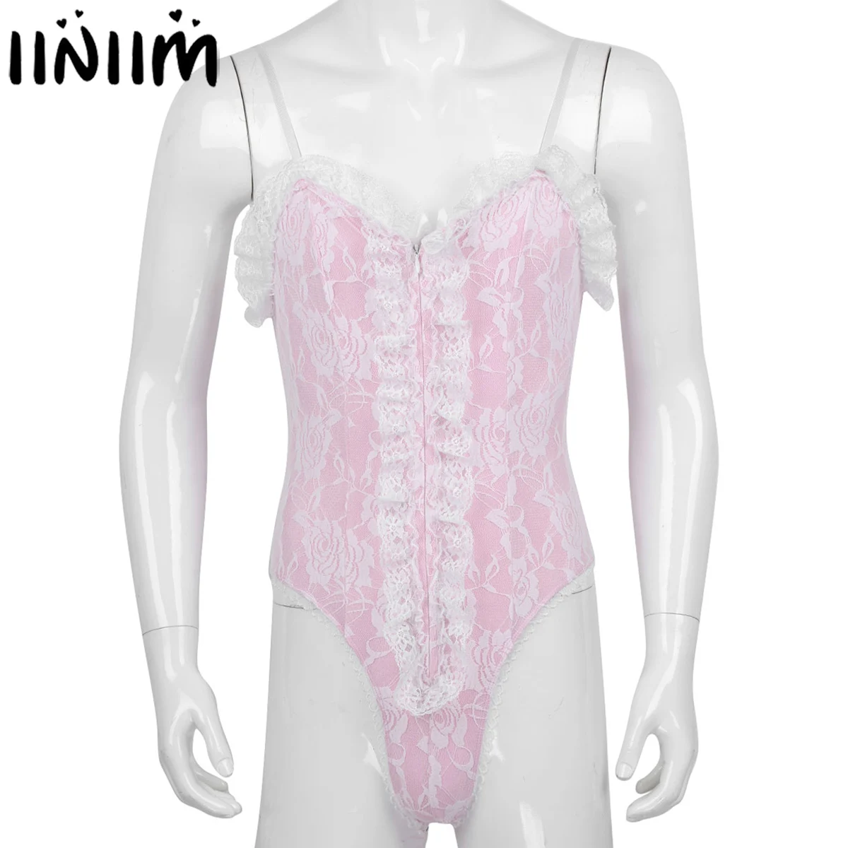 

iiniim Mens Sissy Lingerie Sleepwear Straps High Cut Bodystocking Ruffle Lace Bodysuit Catsuit Sexy Gay Male Nightwear Clubwear