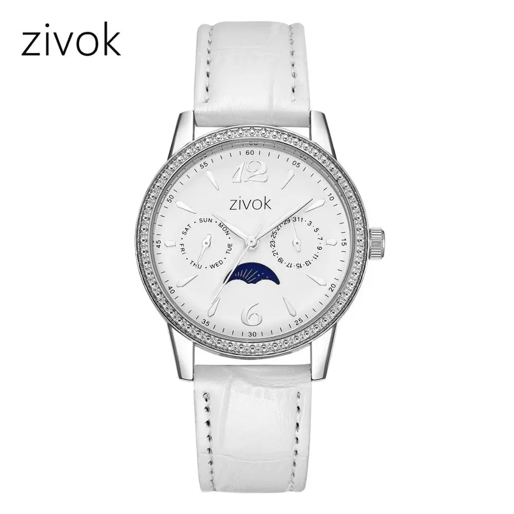 Белый ZIVOK женские часы брендовые Модные Простые Moon phase маленькие кожаные часы кварцевые наручные часы montre femme - Цвет: Белый