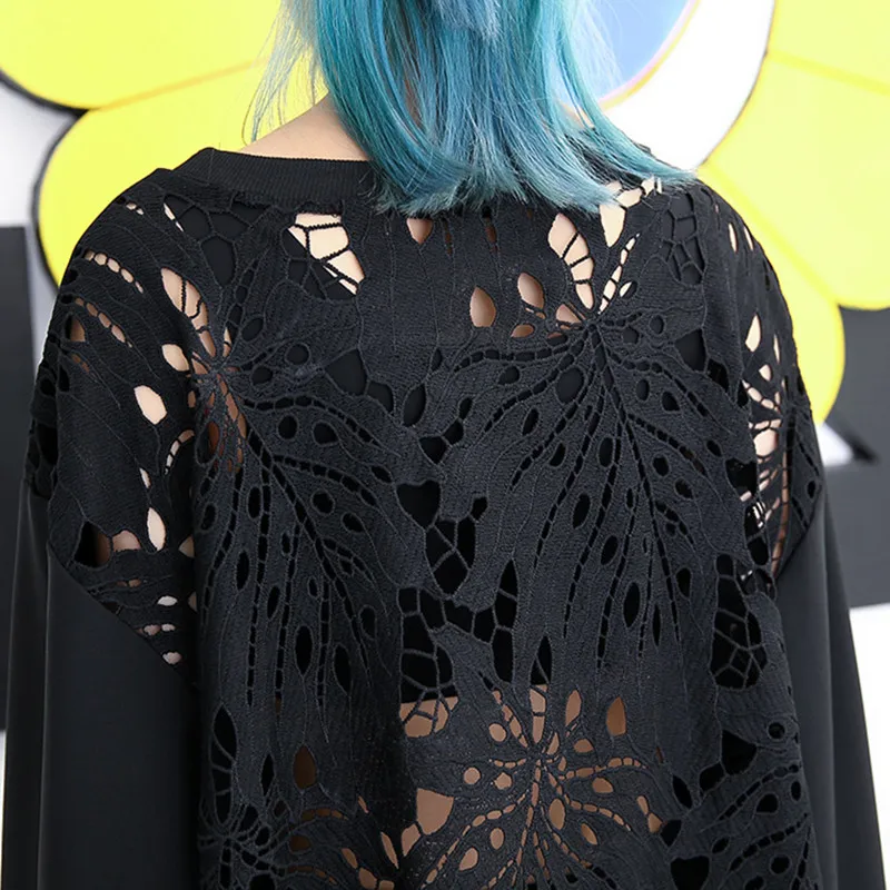 

Johnature New Full-sleeve Patchwork Lace Hollow Out Solid Color O-neck Long Tops 2021 Spring Loose Streetwear Women Shirts