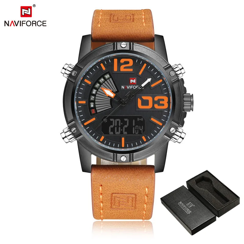 NAVIFORCE, мужские часы, цифровые, спортивные, мужские, s, наручные часы, лучший бренд, Роскошные, военные, армейские, кожаный ремешок, аналоговый, светодиодный, кварцевые, мужские часы 9095 - Цвет: NA909505 with box