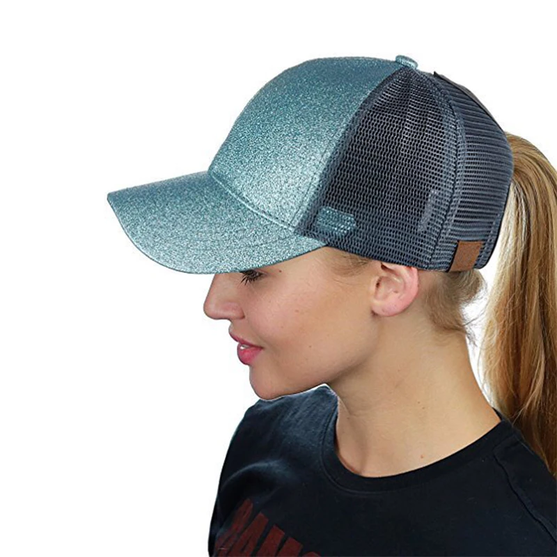 Mingjiebihuo New Fashion Spring Summer Sequin Fluorescent Baseball Cap Open Back Ponytail Cap Glitter women girls Mesh Cap
