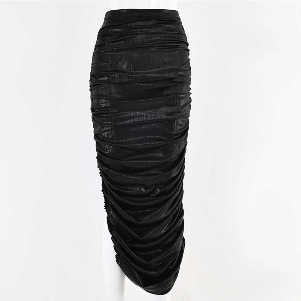 JillPeri женская черная с мокрым эффектом Ruched Midi юбка Сексуальная боковая нога