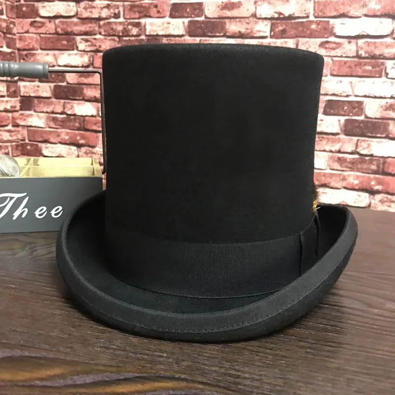 Черная Мужская шерстяная шляпа-федора, плоская шляпа Mad Hatter, топ, шапка, традиционный президент, вечерние, стимпанк, Волшебная Шляпа с пером
