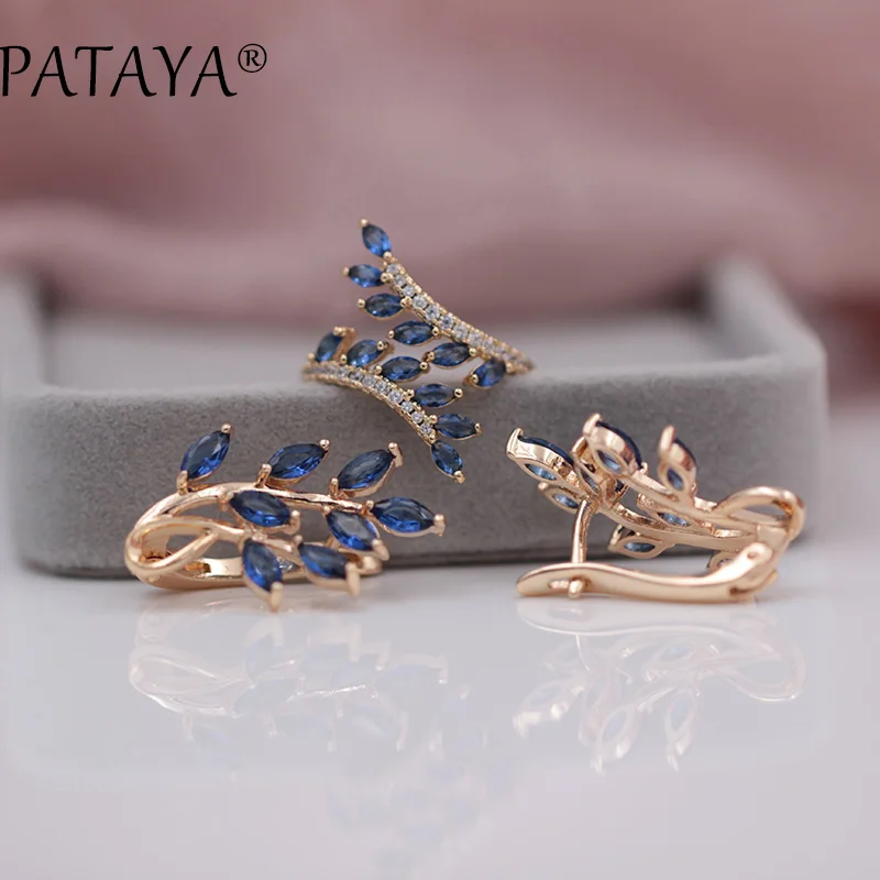 PATAYA, эксклюзивный темно-синий конский глаз, натуральный циркон, открытые кольца, серьги, наборы для женщин, роскошный 585, розовое золото, свадебный ювелирный набор