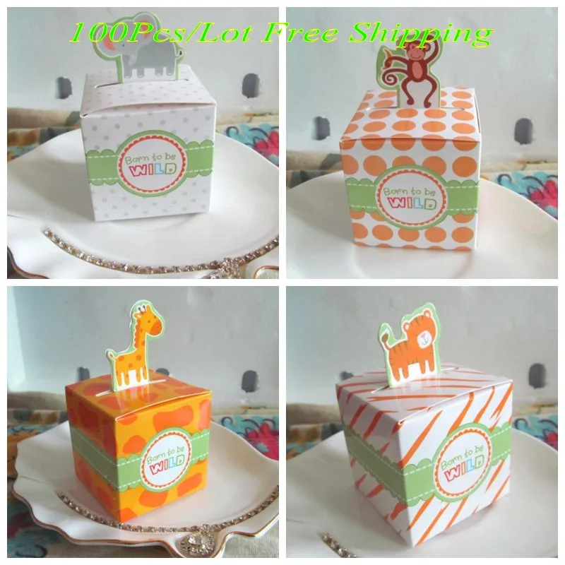 (100 шт./лот) Подарочная коробка для дня рождения ребенка в джунглях с 4 рисунками