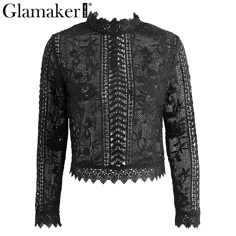 Glamaker, элегантная кружевная блузка, рубашка, сексуальная, открытая, блузка, рубашка, летняя, для женщин, рубашки, Цветочный, с длинным рукавом, на шнуровке, блузка