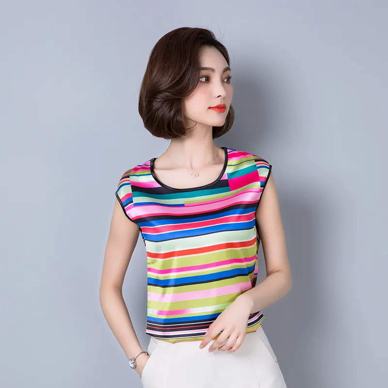 2018 летняя шифоновая женская блузка без рукавов рубашка в геометрическую полоску