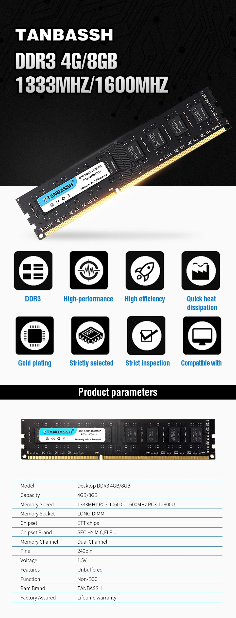DDR3 4GB DDR3 8GB RAM 1333 MHZ/1600 MHz настольная память 240pin 1,5 V LONG DIMM Intel/AMD TANBASSH