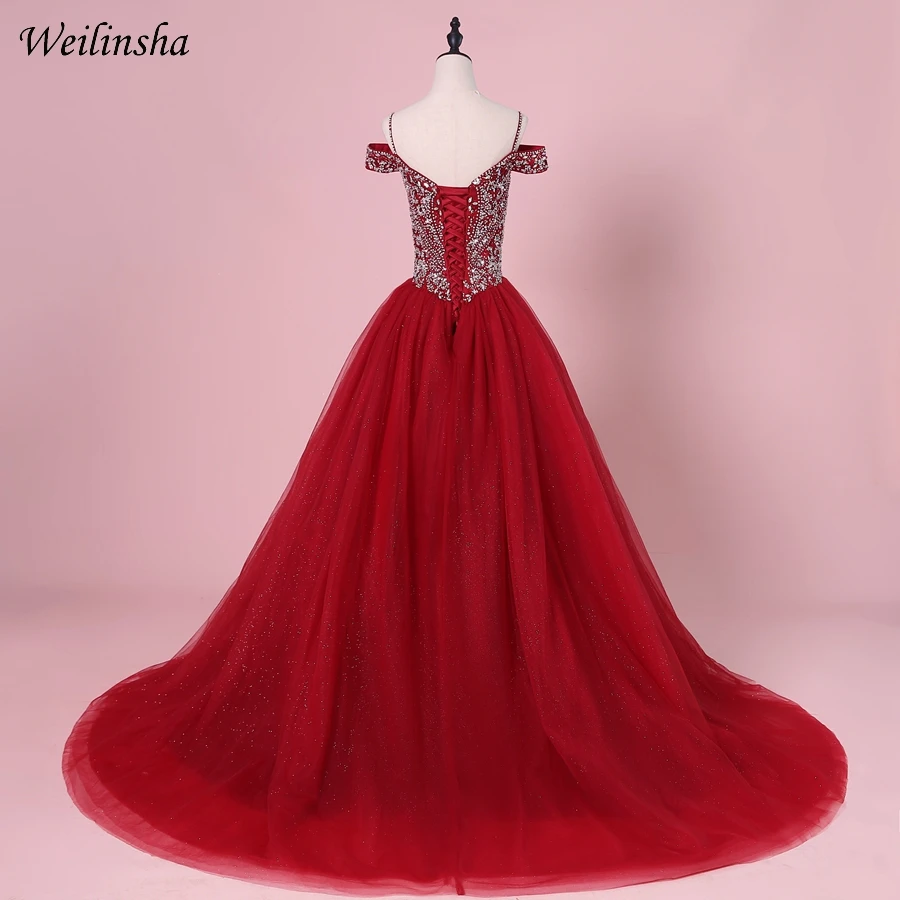 Weilinsha Burgundy Tulle Quinceanera Dresses Ball Gown Off the Shoulder Beading Crystals Sweet 16 Dress Gowns | Свадьбы и торжества