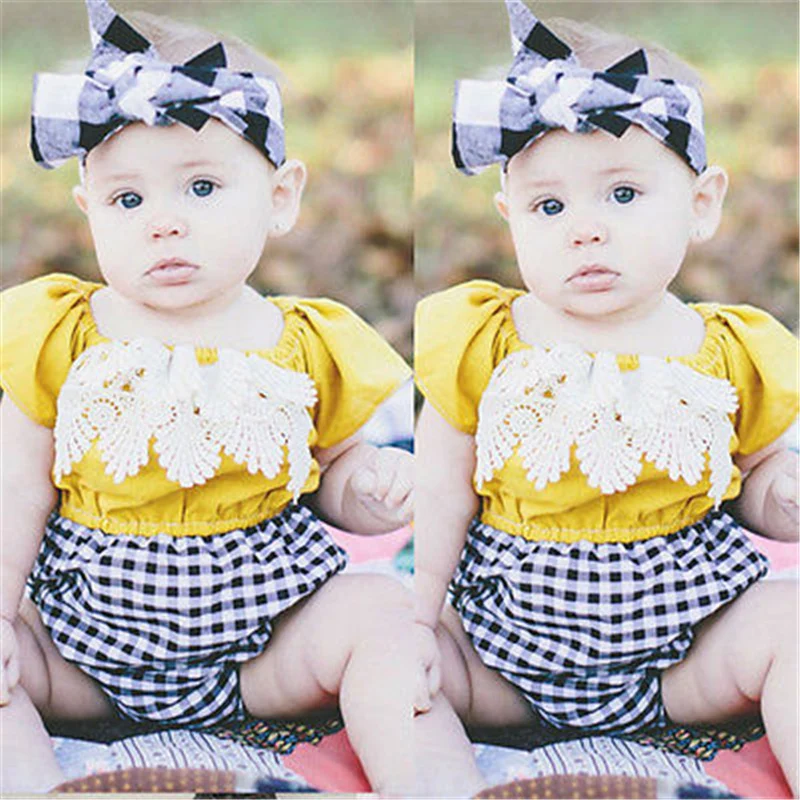 Cute Baby Girls Rompers Floral Lace Patchwork Infant Kids Plaid Jumpsuit Cotton Sleeveless Outfits Romper clothing | Детская одежда и