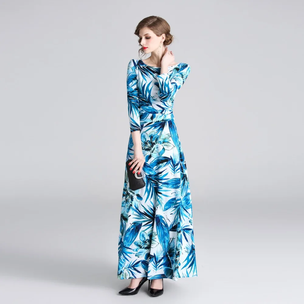 S-XXL spring summer woman dress white background blue leaf flower pattern print 3/4 sleeve ankle length fashion maxi | Женская одежда