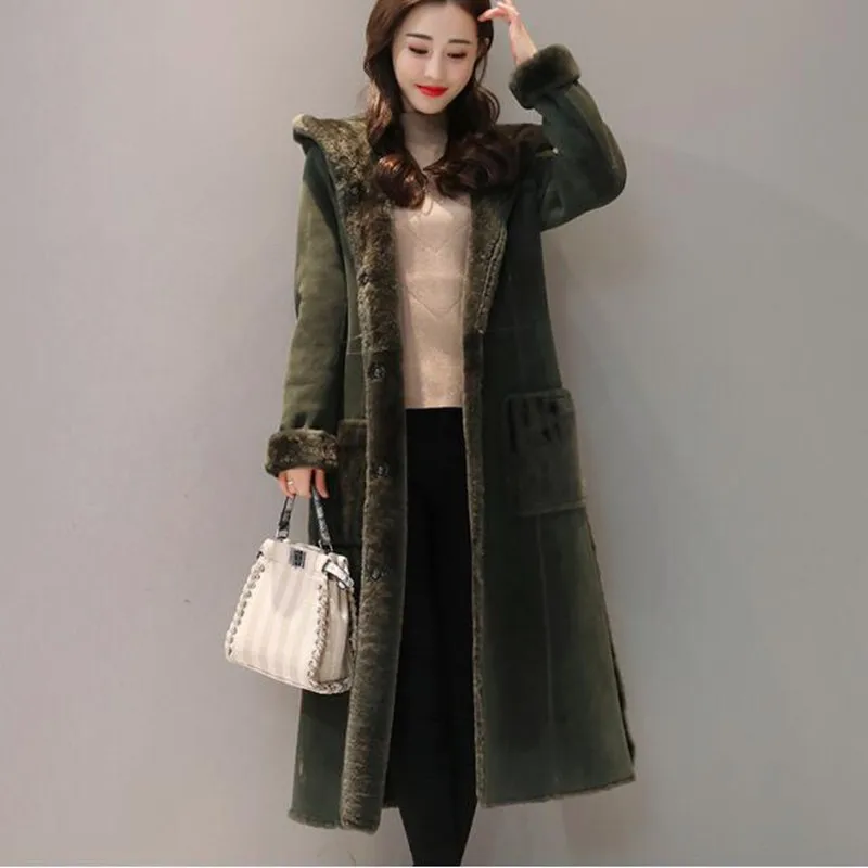2018 spring winter military jackets woman side split thermal thicken flocking maxi long suede jacket coat with a hood | Женская одежда