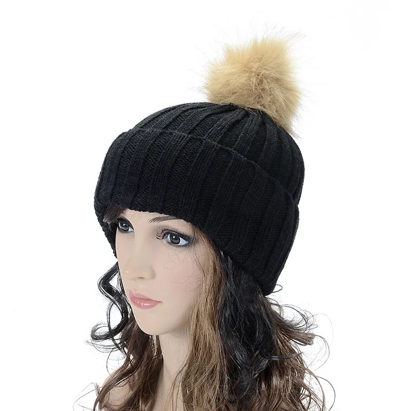 New Hat Female Classic Knitted Faux Fur Pom Poms Women Cap Headdress Head Warmer Women's Winter Hats Skullies Beanies BD01 | Аксессуары