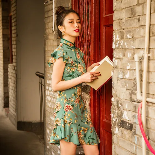 Летнее платье женское классический элегантный Cheongsam китайский стиль короткий