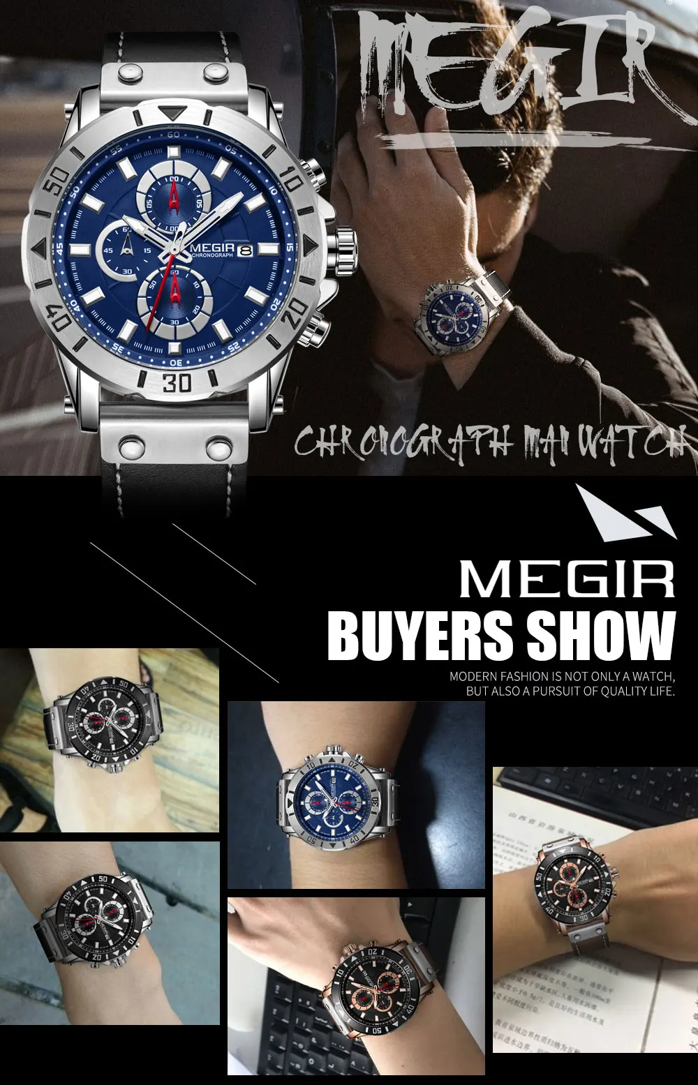 Megir мужские часы лучший бренд класса люкс Reloj Hombre Ретро военный хронограф наручные часы Relogio Masculino часы 2081 черный