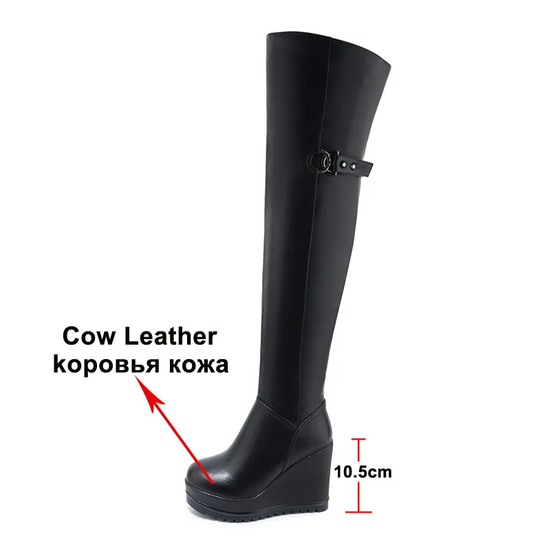 Meotina Winter Thigh High Boots Women Genuine Leather Platform Wedge Heel Over the Knee Boots Zip Super High Heel Long Shoes 40