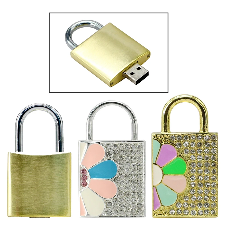 Творческий золотой Цвет металлических замочно-Форма USB флэш-накопитель алмазный