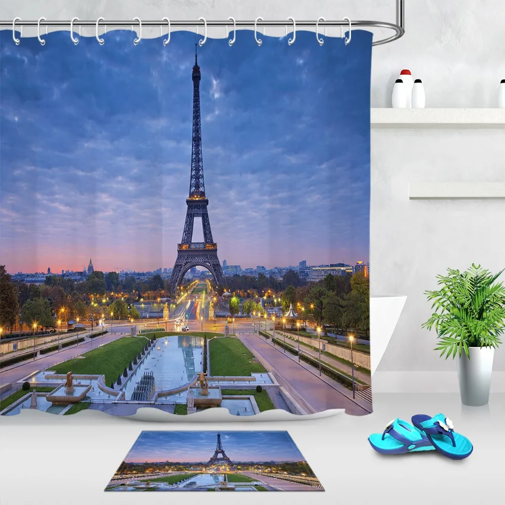 Синяя душевая занавеска LB Paris at Sunrise с башней архитектура набор ковриков
