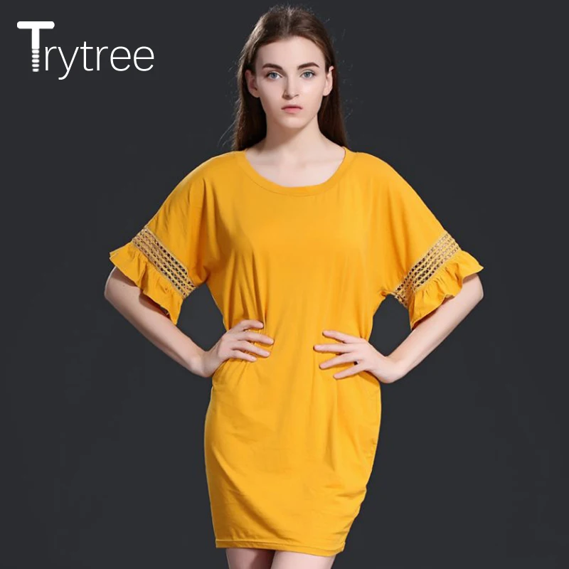Trytree летнее женское платье повседневное одноцветное 2 цвета с круглым вырезом
