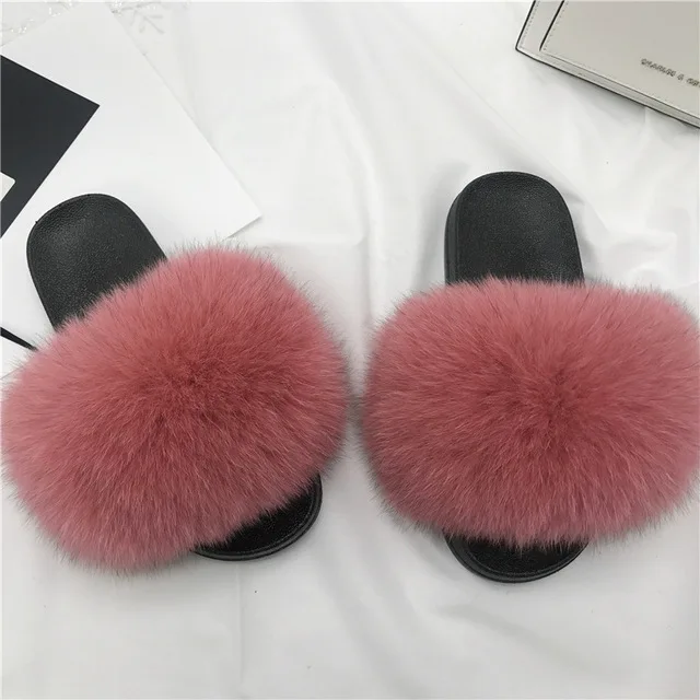 hide powder ZDFURS/; модные шлепанцы с лисьим мехом; шлепанцы без задника с натуральным мехом; Летние вьетнамки; повседневные Модные босоножки с лисьим мехом; модная плюшевая обувь; - Цвет: hide powder