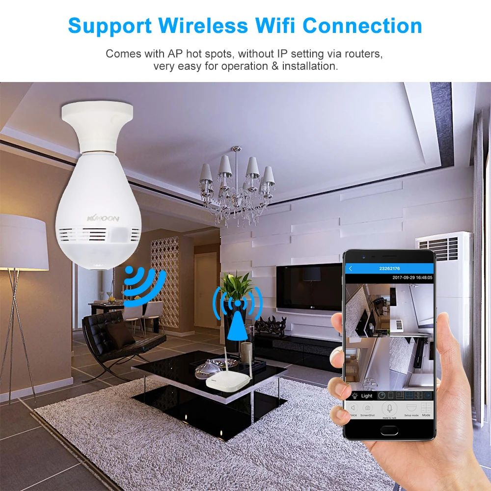 KKmoon Беспроводная 1080PH панорамная рыбий глаз WIFI 360 градусная светодиодный ная