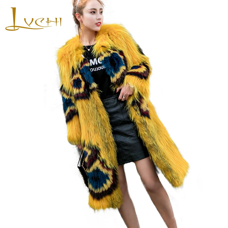 

LVCHI 2019 Winter Real Fox Fur Coats Slim Real Natural Fox Fur Coat Women's Print Light Contrast Color Long Wave Fox Fur Coats